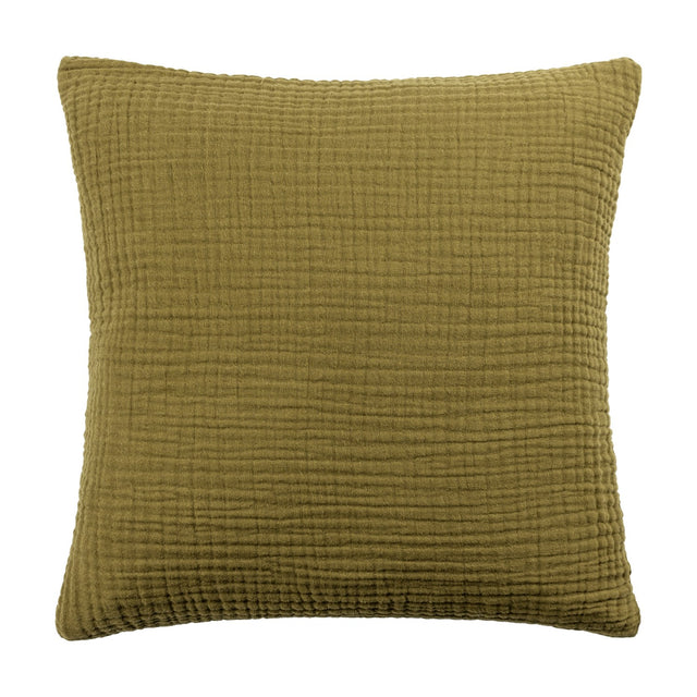 Lark Reversible Cotton Cushion in khaki green, square 45x45cm with textured muslin crinkle cotton surface and plain colour, shown on a white background.