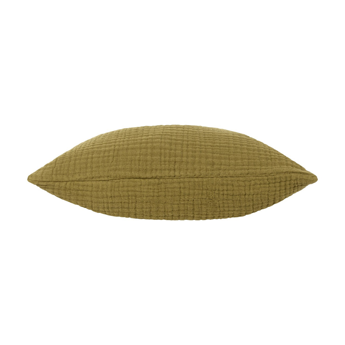 Lark Reversible Cotton Cushion in khaki green, side view showing crinkle muslin cotton texture and plump square shape, on a plain white background.