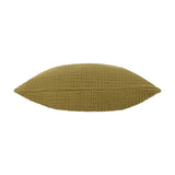 Lark Reversible Cotton Cushion in khaki green, side view showing crinkle muslin cotton texture and plump square shape, on a plain white background.