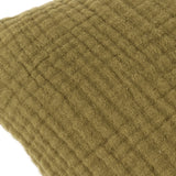 Close-up of the Lark Reversible Cotton Cushion in khaki green, showing the ribbed four-layer muslin crinkle cotton texture in plain colour.