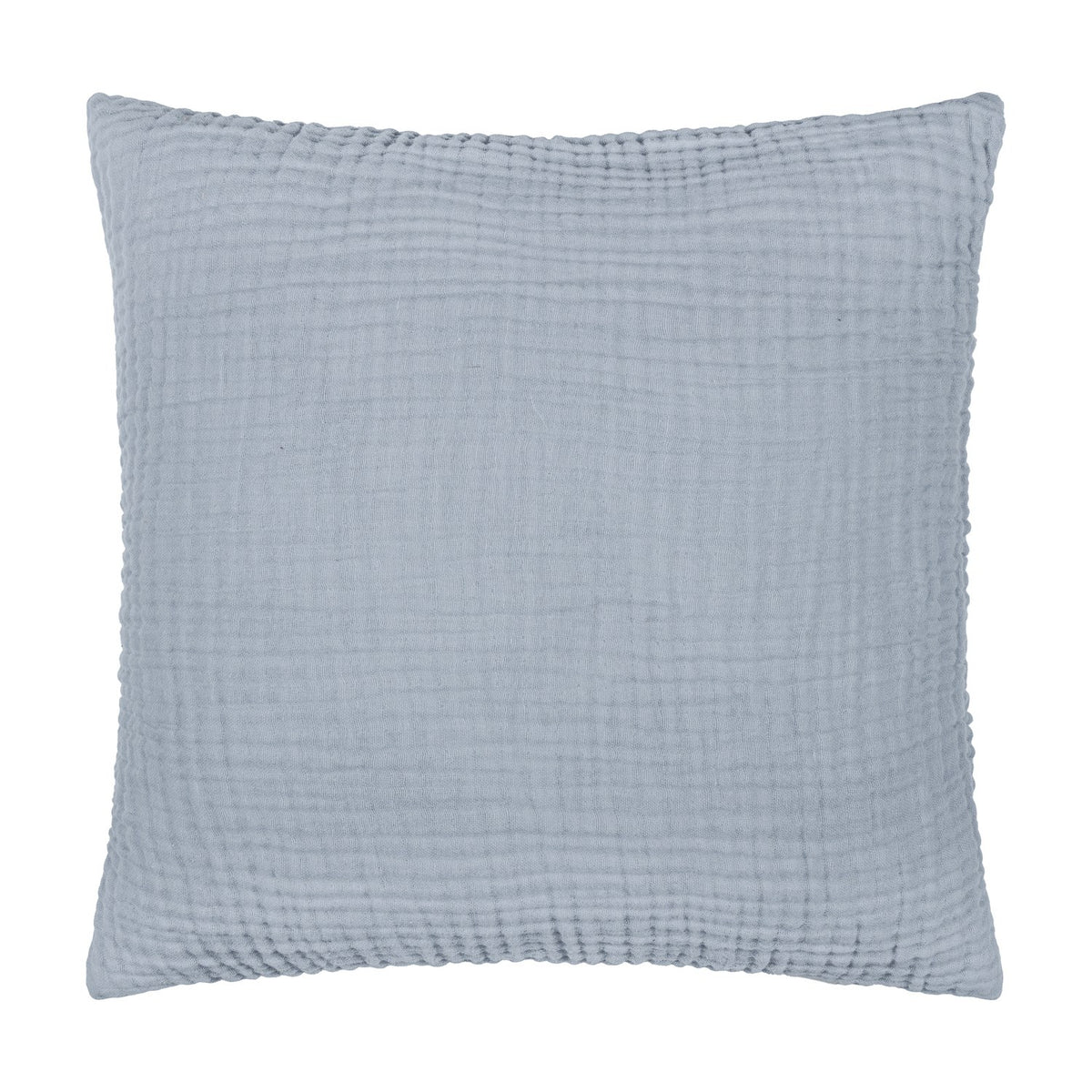 Lark Plain Cotton Cushion in mineral blue, a square 45x45cm crinkled muslin cotton cushion with a softly ribbed, textured surface, shown on a plain white background.