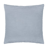 Lark Plain Cotton Cushion in mineral blue, a square 45x45cm crinkled muslin cotton cushion with a softly ribbed, textured surface, shown on a plain white background.