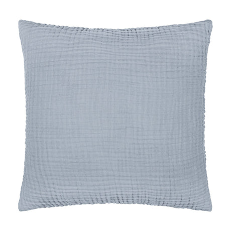 Lark Plain Cotton Cushion in mineral blue, a square 45x45cm crinkled muslin cotton cushion with a softly ribbed, textured surface, shown on a plain white background.