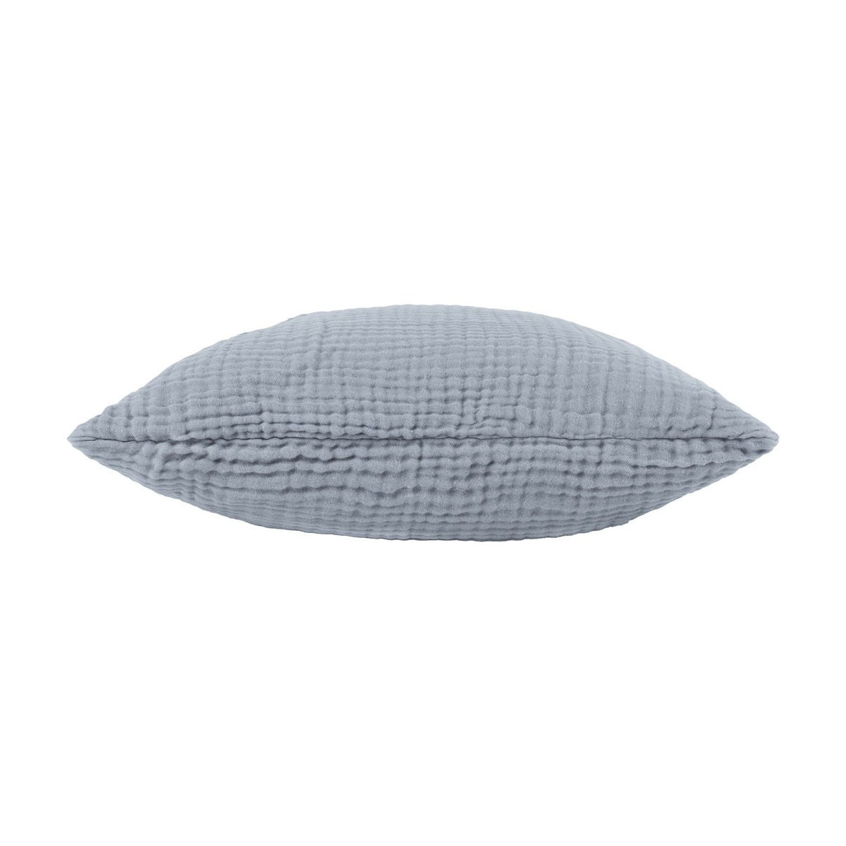 Lark Plain Cotton Cushion in mineral blue, shown side-on to reveal its crinkled muslin cotton texture and plump square shape, set against a plain white background.