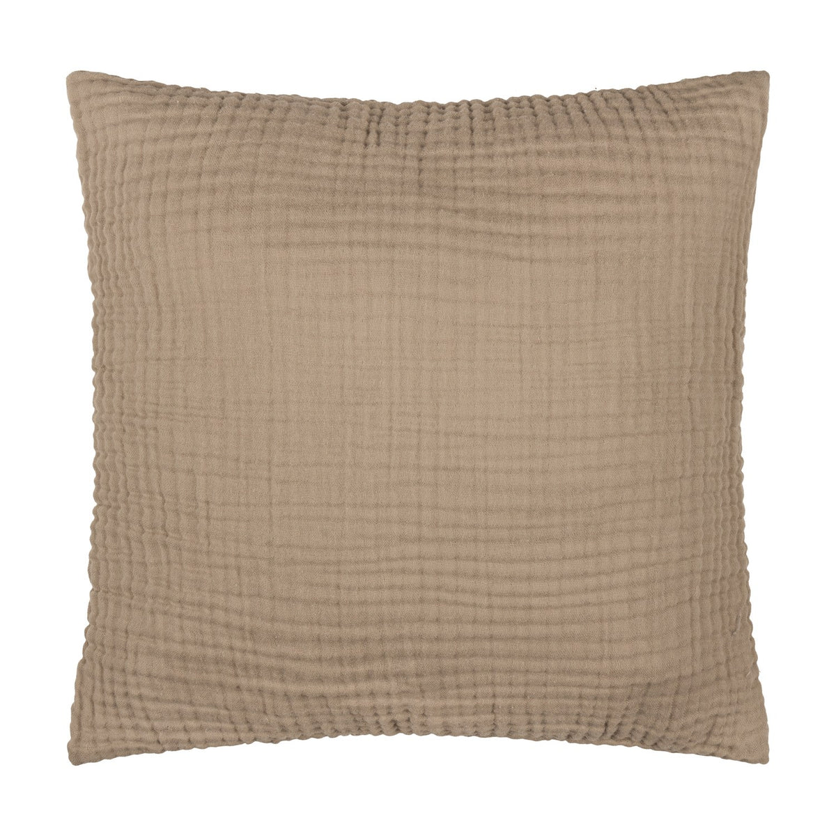 Lark Plain Cotton Cushion in mole brown, a 45x45cm square with crinkled four-layer muslin texture, shown against a plain white background.