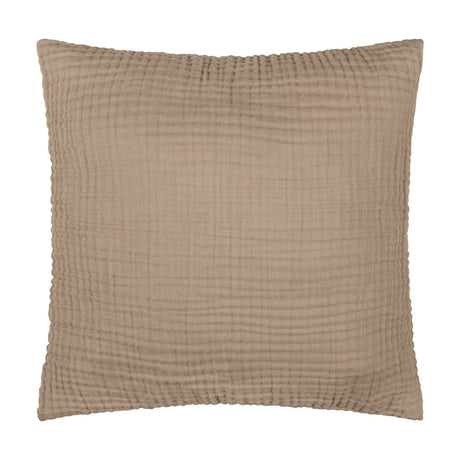 Lark Plain Cotton Cushion in mole brown, a 45x45cm square with crinkled four-layer muslin texture, shown against a plain white background.