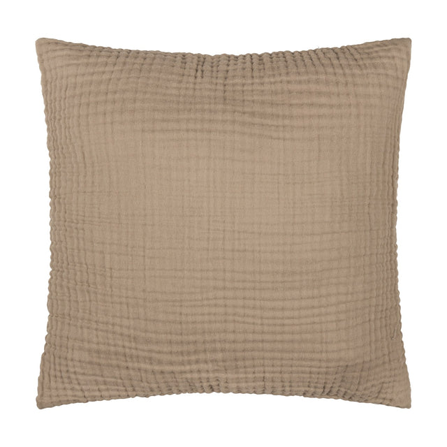 Lark Plain Cotton Cushion in mole brown, a 45x45cm square with crinkled four-layer muslin texture, shown against a plain white background.
