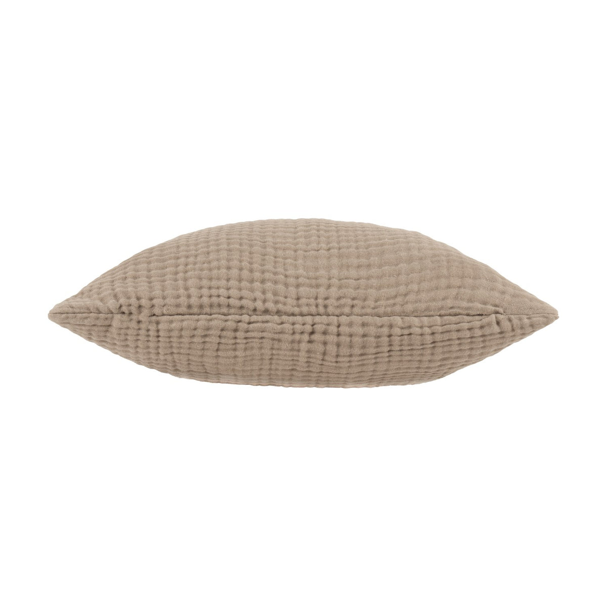 Lark Plain Cotton Cushion in mole brown, shown side-on to reveal its plump, crinkled muslin texture and centre seam, set against a plain white background.