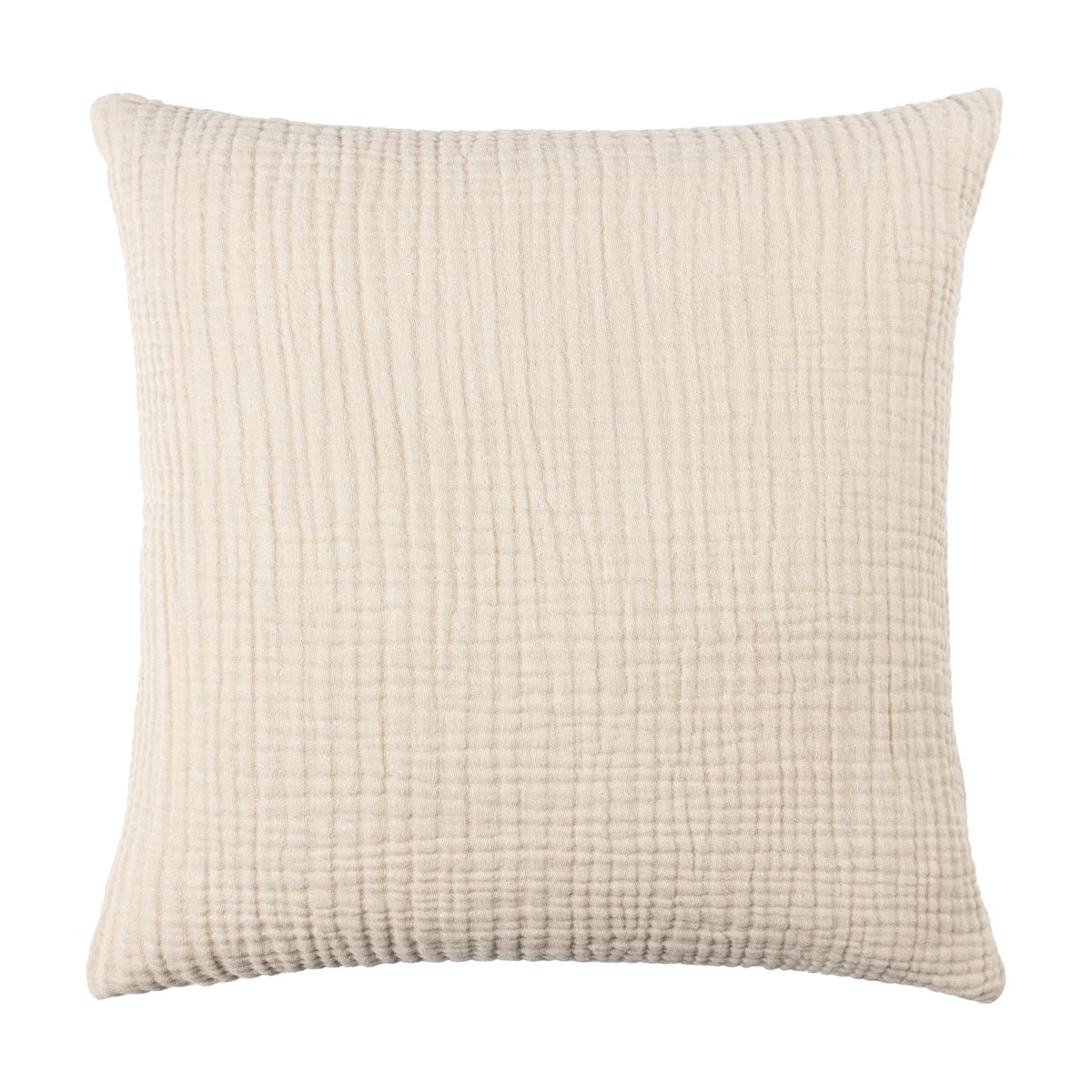 Lark Reversible Cotton Cushion in natural beige, square with a crinkled, ribbed four-layer muslin texture, shown on a plain white background.