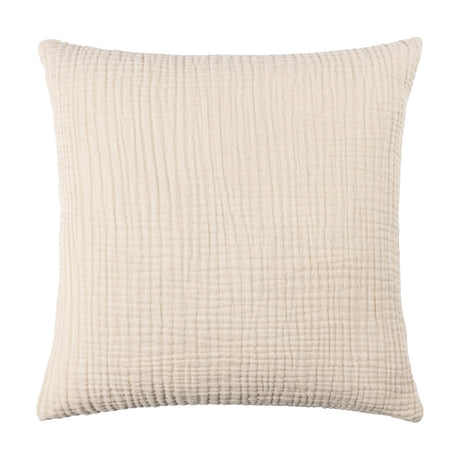 Lark Reversible Cotton Cushion in natural beige, square with a crinkled, ribbed four-layer muslin texture, shown on a plain white background.