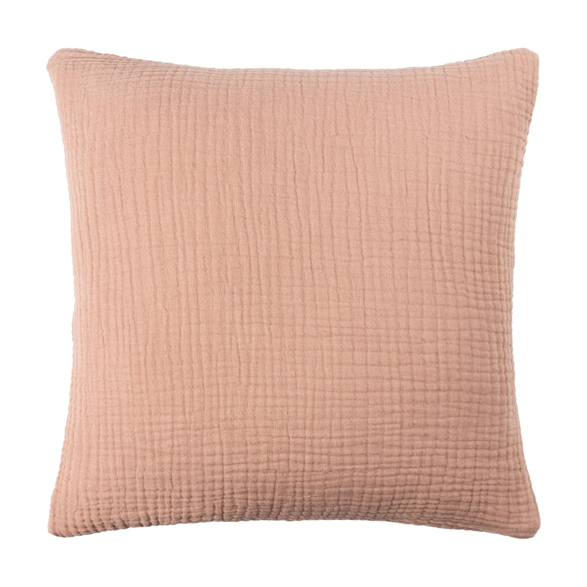 Lark Reversible Cotton Cushion in pink clay, square with crinkled muslin-textured cotton cover, shown against a plain white background.