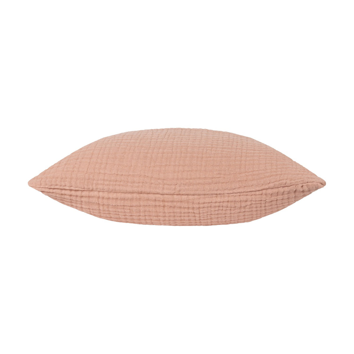 Lark Reversible Cotton Cushion in Pink Clay, shown side-on with a crinkled four-layer muslin texture, on a plain white background.
