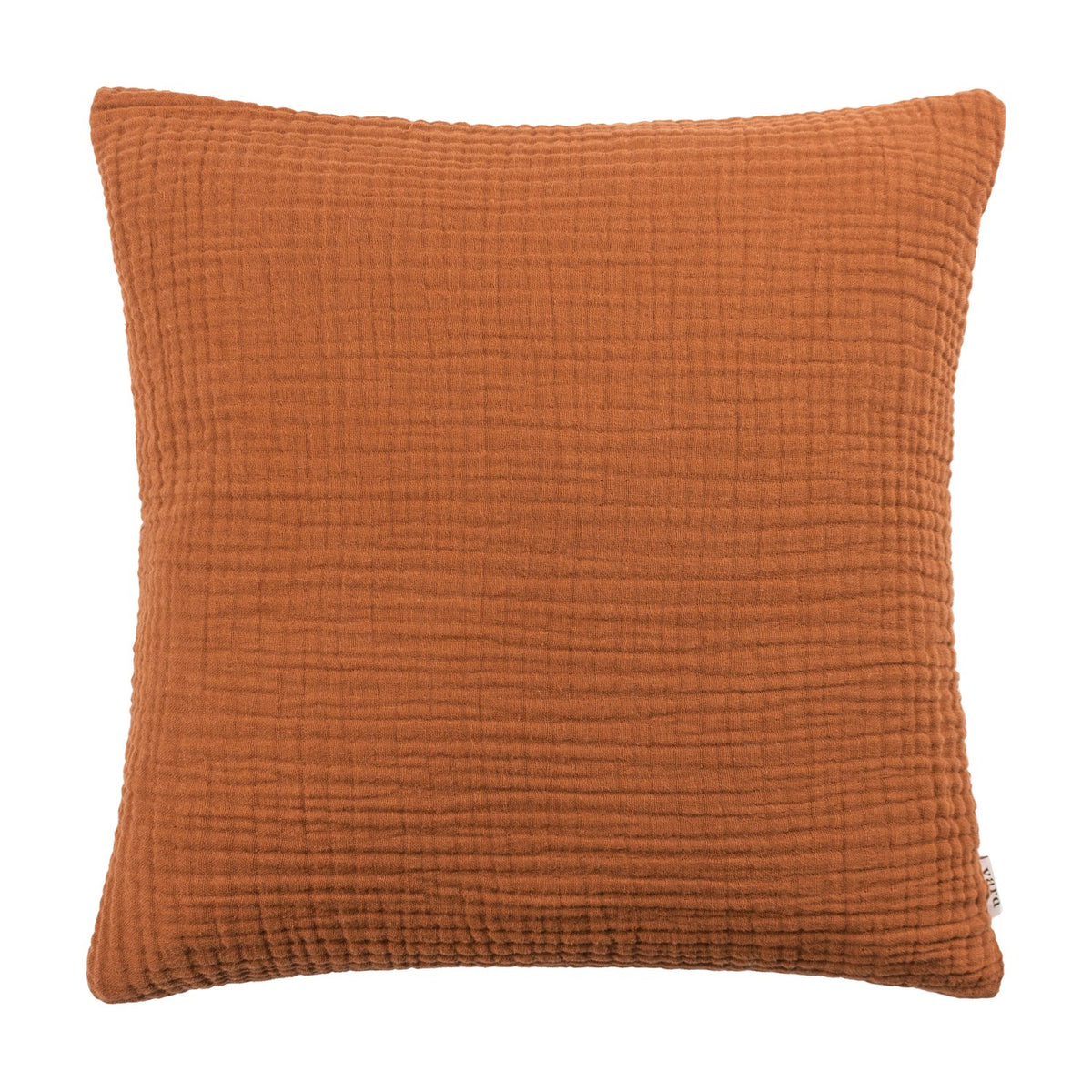 Lark Reversible Cotton Cushion in pecan brown, square 45 x 45cm crinkle muslin cotton with a ribbed woven texture, shown on a plain white background.