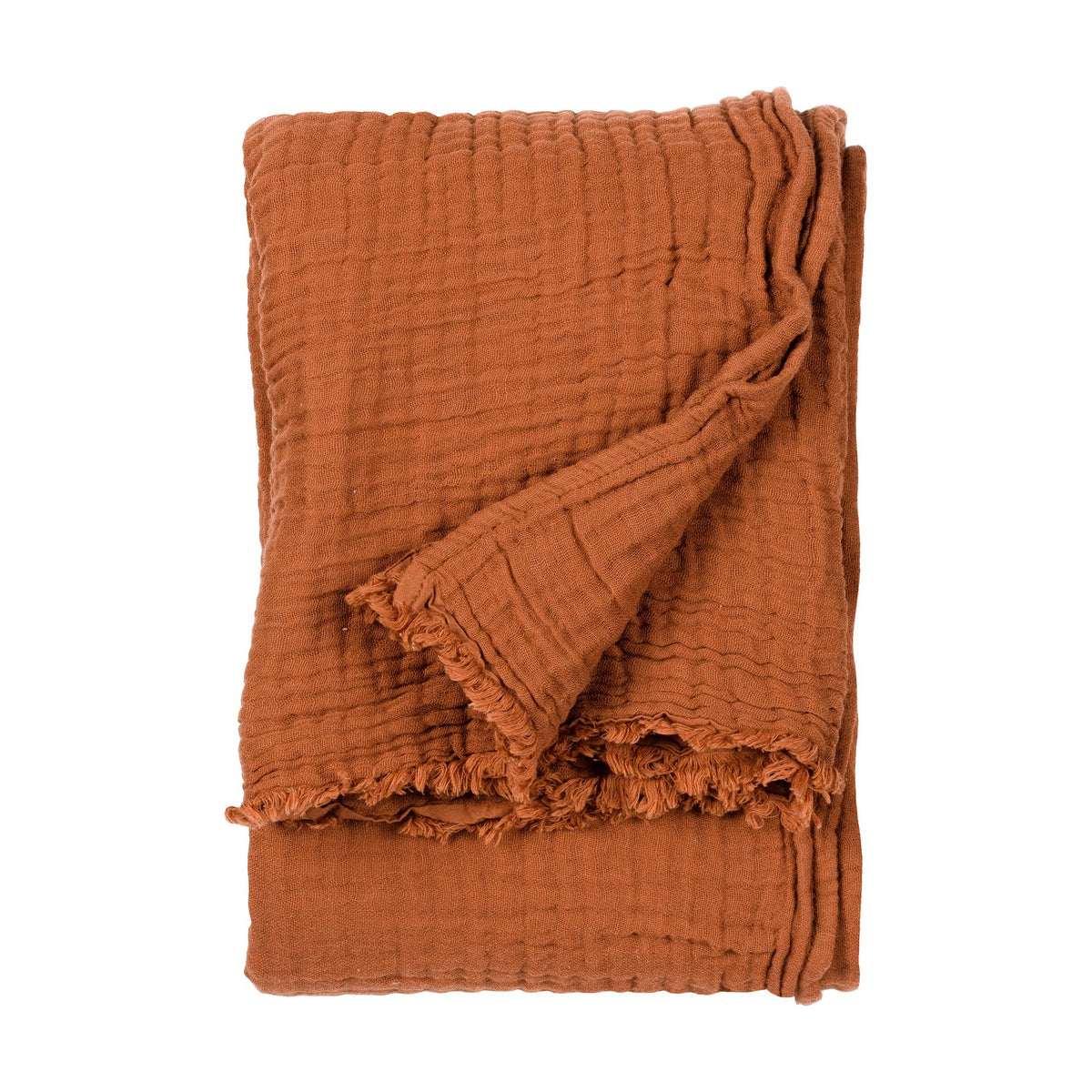 Lark Plain Cotton Throw in pecan, folded to show its crinkled muslin texture and frayed raw edge, against a plain white background.