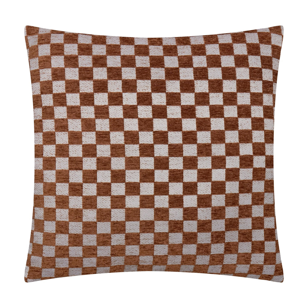 Larro Jacquard Chenille Cushion in Copper, a square cushion with a woven checkerboard pattern in rust-brown and pale oatmeal chenille, shown against a plain white background.