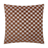 Larro Jacquard Chenille Cushion in Copper, a square cushion with a woven checkerboard pattern in rust-brown and pale oatmeal chenille, shown against a plain white background.