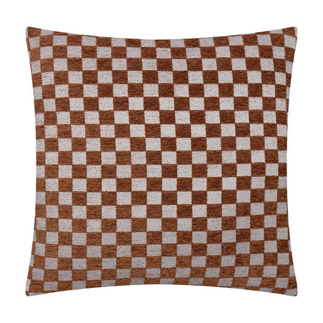 Larro Jacquard Chenille Cushion in Copper, a square cushion with a woven checkerboard pattern in rust-brown and pale oatmeal chenille, shown against a plain white background.