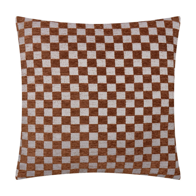 Larro Jacquard Chenille Cushion in Copper, a square cushion with a woven checkerboard pattern in rust-brown and pale oatmeal chenille, shown against a plain white background.