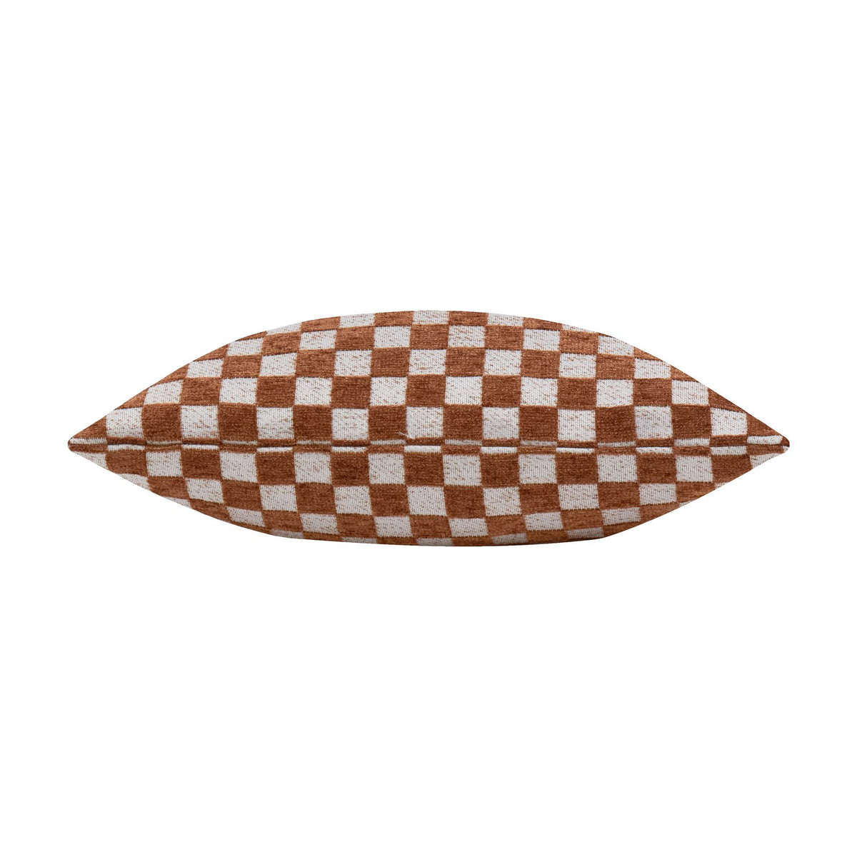 Larro Jacquard Chenille Cushion in Copper, shown side-on to reveal its plump insert, with a woven checkerboard pattern in rust-brown and oatmeal, set against a plain white background.
