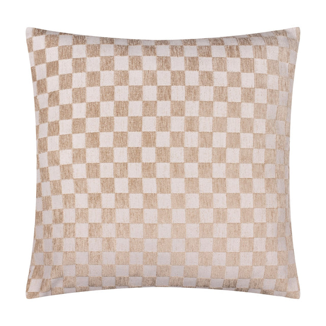 Larro Jacquard Chenille Cushion in natural, square shape with woven two-tone checkerboard pattern in beige and cream, shown against a plain white background.