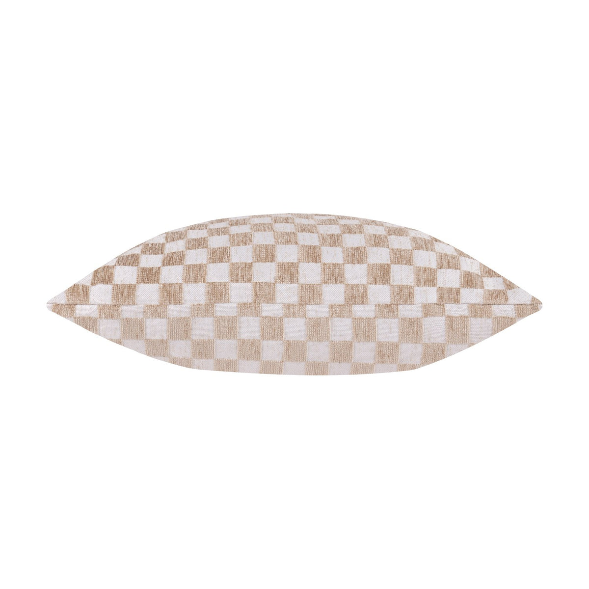 Larro Jacquard Chenille Cushion in natural, shown side-on to reveal a woven checkerboard pattern in beige and cream tones, set against a plain white background.