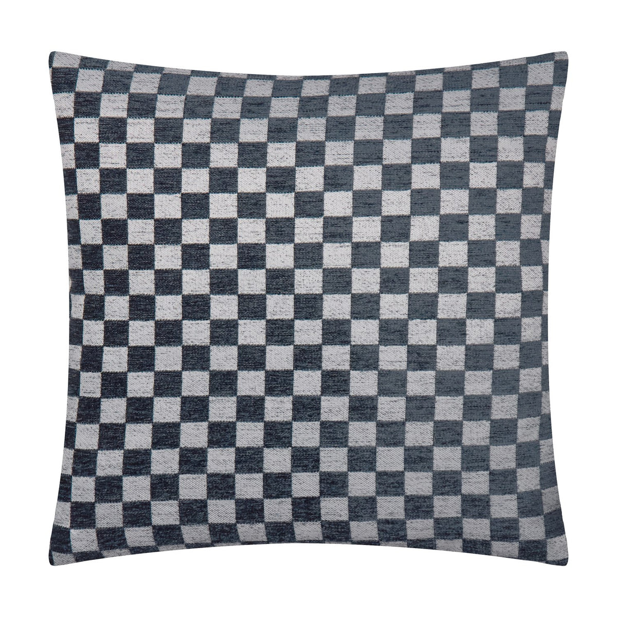 Larro Jacquard Chenille Cushion in slate blue, square with a woven checkerboard pattern in blue-grey and pale grey chenille fabric, shown on a plain white background.