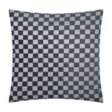 Larro Jacquard Chenille Cushion in slate blue, square with a woven checkerboard pattern in blue-grey and pale grey chenille fabric, shown on a plain white background.