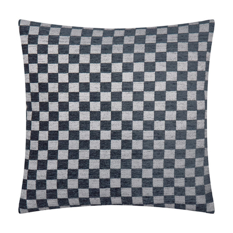 Larro Jacquard Chenille Cushion in slate blue, square with a woven checkerboard pattern in blue-grey and pale grey chenille fabric, shown on a plain white background.