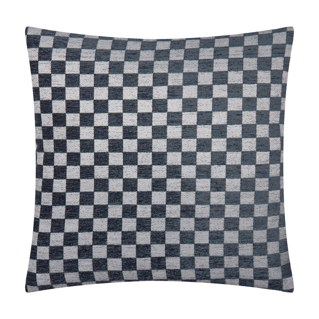 Larro Jacquard Chenille Cushion in slate blue, square with a woven checkerboard pattern in blue-grey and pale grey chenille fabric, shown on a plain white background.
