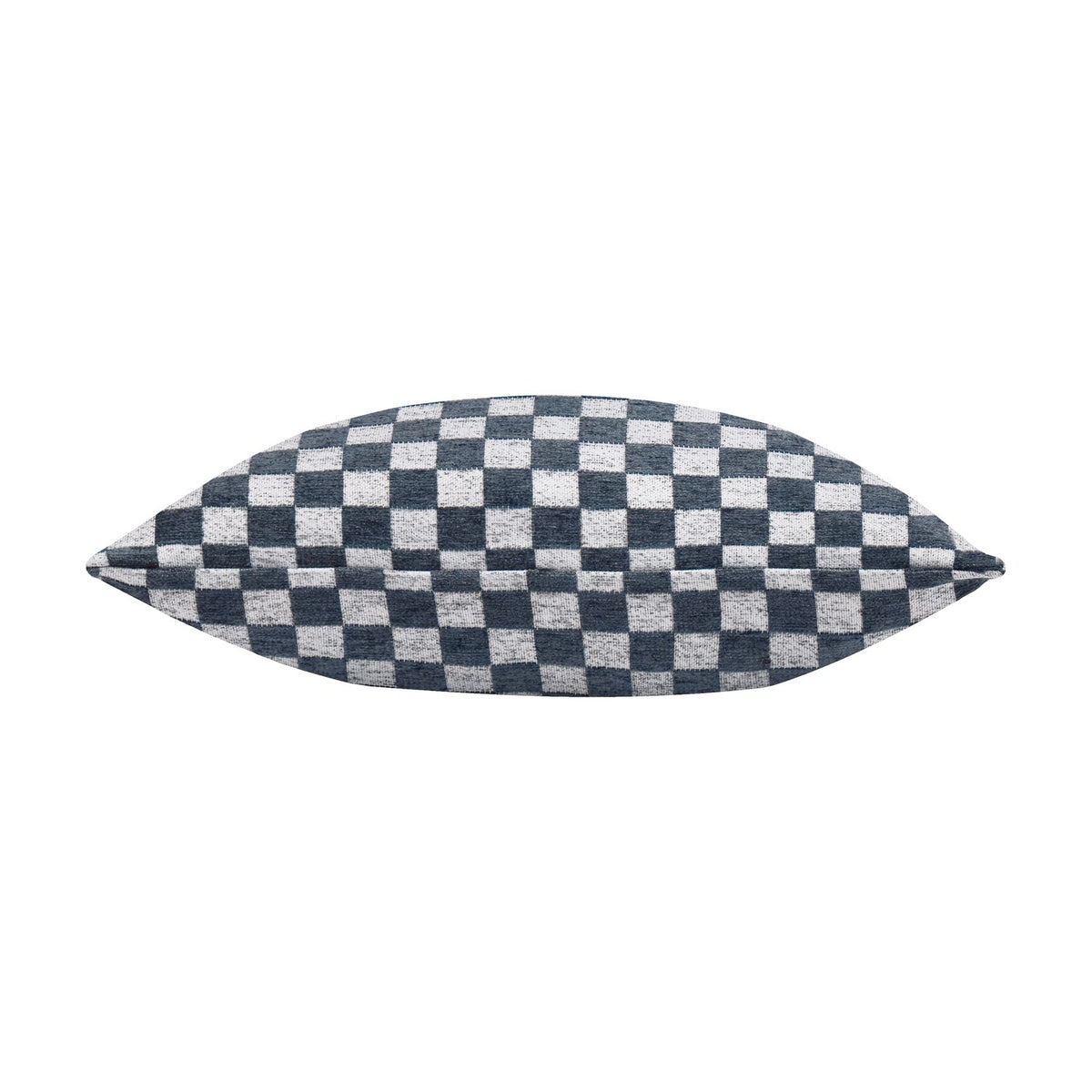 Larro Jacquard Chenille Cushion in slate blue, shown edge-on to reveal its plump chenille fabric with a woven checkerboard pattern, set against a plain white background.