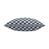 Larro Jacquard Chenille Cushion in slate blue, shown edge-on to reveal its plump chenille fabric with a woven checkerboard pattern, set against a plain white background.