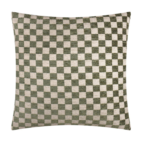Larro Jacquard Chenille Cushion in Smoke Green, a square cushion with a woven checkerboard pattern in muted green and pale natural tones, shown on a plain white background.