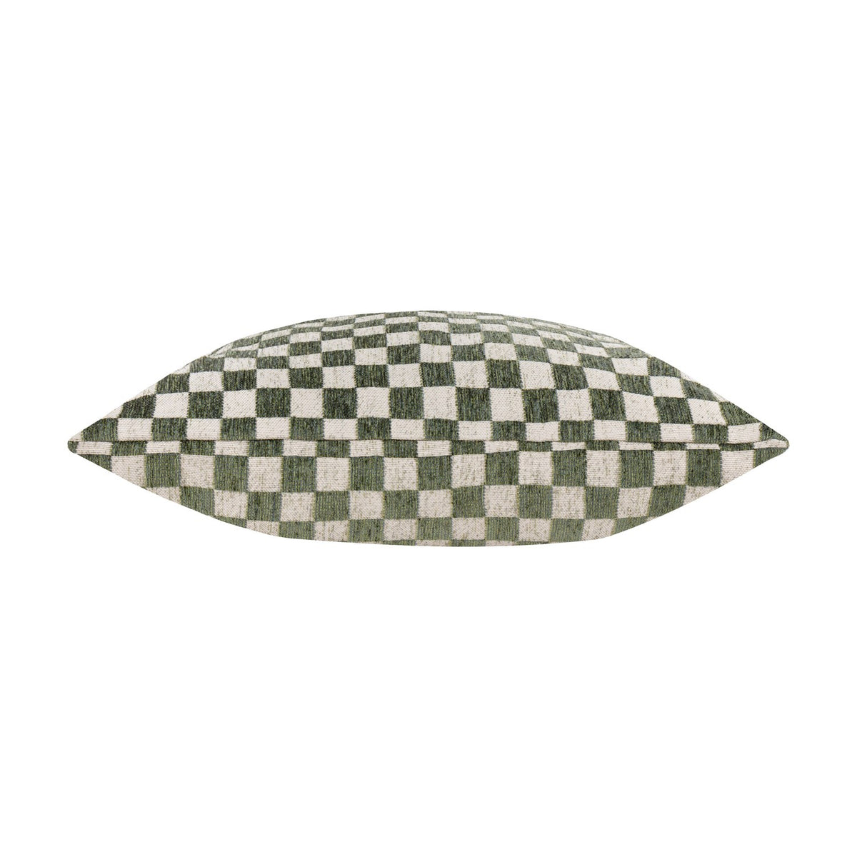 Larro Jacquard Chenille Cushion in Smoke Green, shown side-on to reveal its plump square shape, with a checkerboard pattern in dusty green and pale natural chenille, set against a white background.