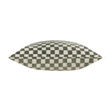 Larro Jacquard Chenille Cushion in Smoke Green, shown side-on to reveal its plump square shape, with a checkerboard pattern in dusty green and pale natural chenille, set against a white background.