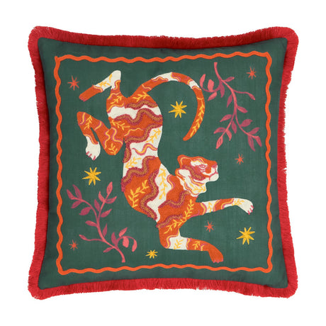 Les Animaux Tigeress square cushion in emerald polyester, featuring an embroidered tiger in orange, rust, cream and pink with stars and sprigs, edged with red fringe trim.