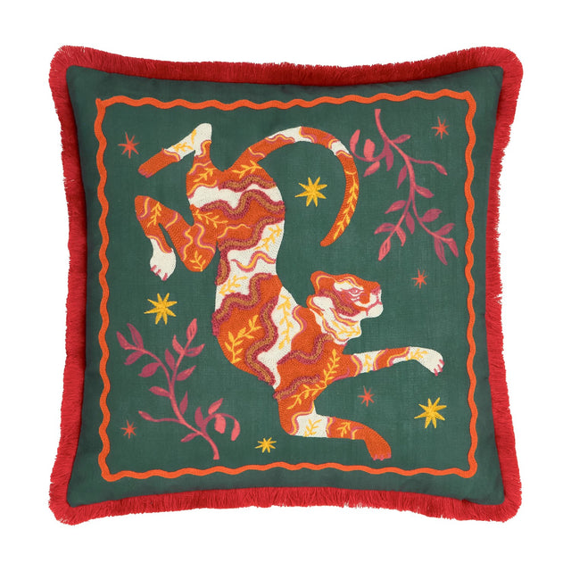Les Animaux Tigeress square cushion in emerald polyester, featuring an embroidered tiger in orange, rust, cream and pink with stars and sprigs, edged with red fringe trim.