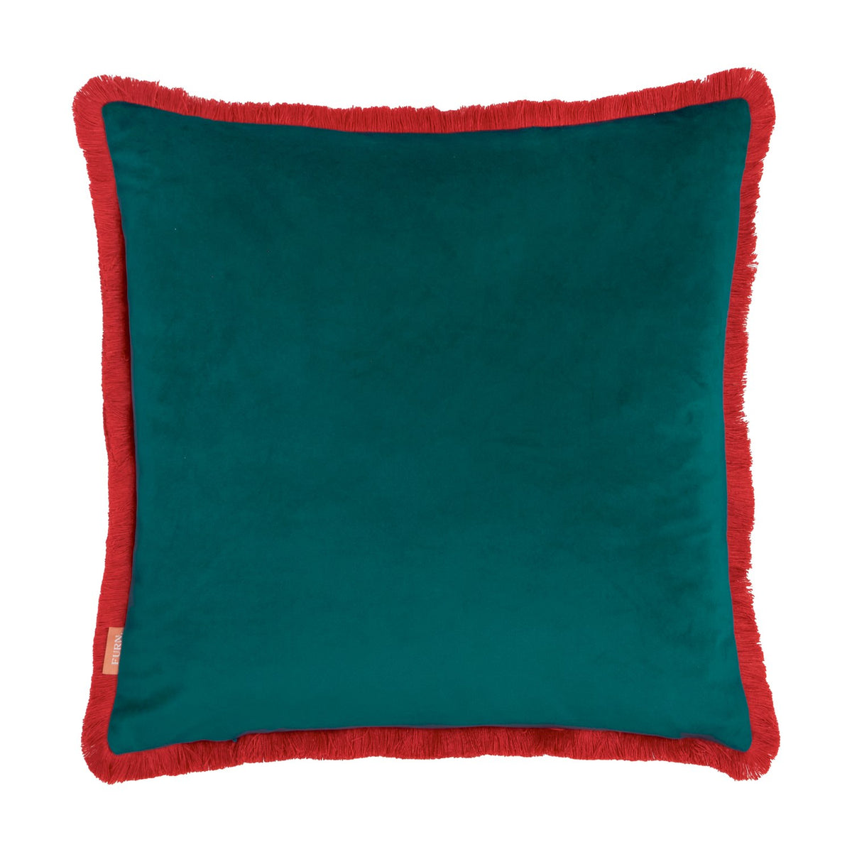 Square emerald green velvet cushion with red fringe trim on all edges, shown reverse side on a plain white background.