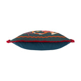 Les Animaux Tigeress cushion shown side-on, emerald canvas with embroidered tiger motif, orange wavy border trim, and red tassel corners, on a plain white background.