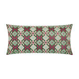 Laurel Velvet Cotton Cushion in Cerise/Jade, a bolster-shaped pillow featuring an embroidered folk-inspired diamond pattern in green, cream and pink, shown on a plain white background.