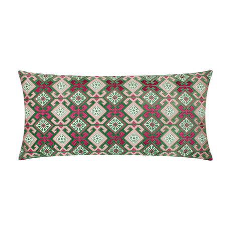 Laurel Velvet Cotton Cushion in Cerise/Jade, a bolster-shaped pillow featuring an embroidered folk-inspired diamond pattern in green, cream and pink, shown on a plain white background.