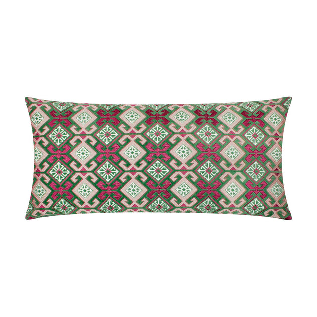 Laurel Velvet Cotton Cushion in Cerise/Jade, a bolster-shaped pillow featuring an embroidered folk-inspired diamond pattern in green, cream and pink, shown on a plain white background.