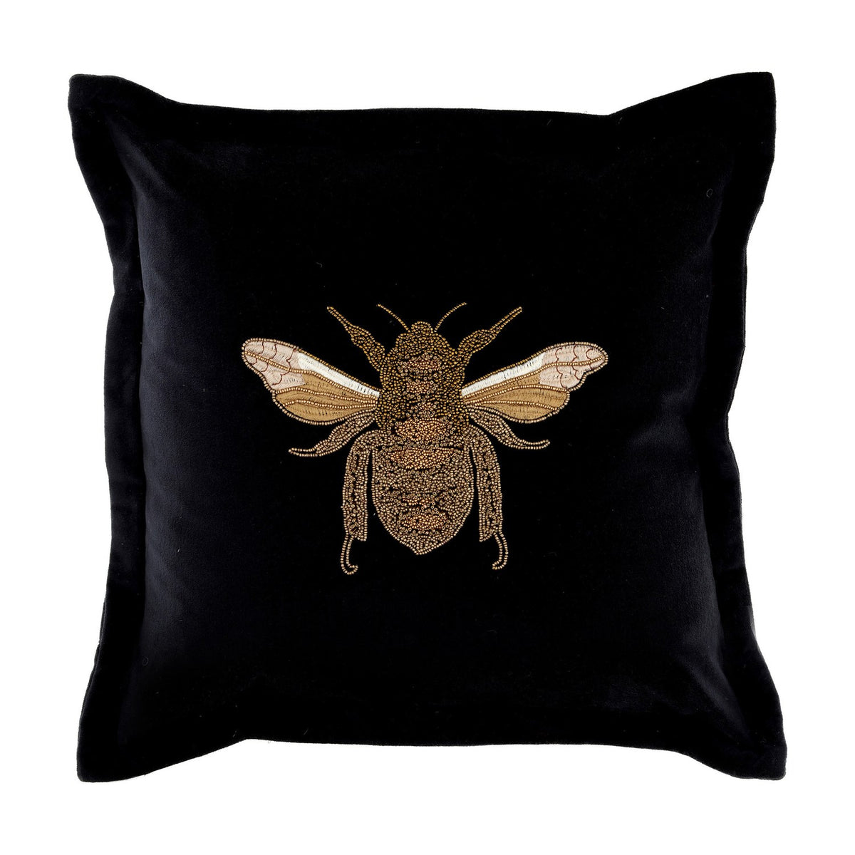 Layla Animal Velvet Cushion in black with an embroidered gold and amber bee at the centre, square Oxford-edge border, shown on a plain white background.