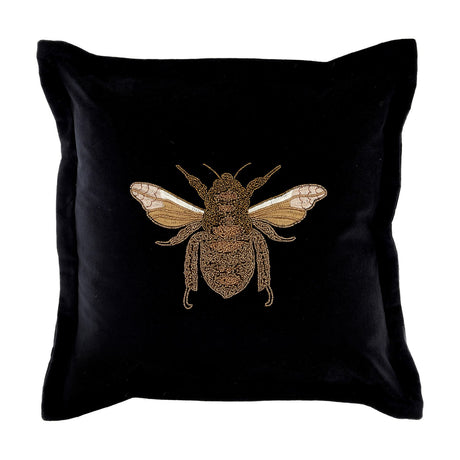 Layla Animal Velvet Cushion in black with an embroidered gold and amber bee at the centre, square Oxford-edge border, shown on a plain white background.
