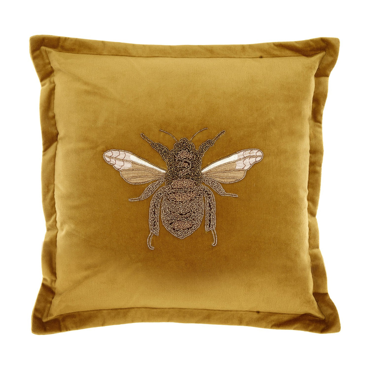 Layla Animal Velvet Cushion in mustard, a square velvet cushion with flanged edges and a beaded gold bee embroidery at the centre, shown on a plain white background.