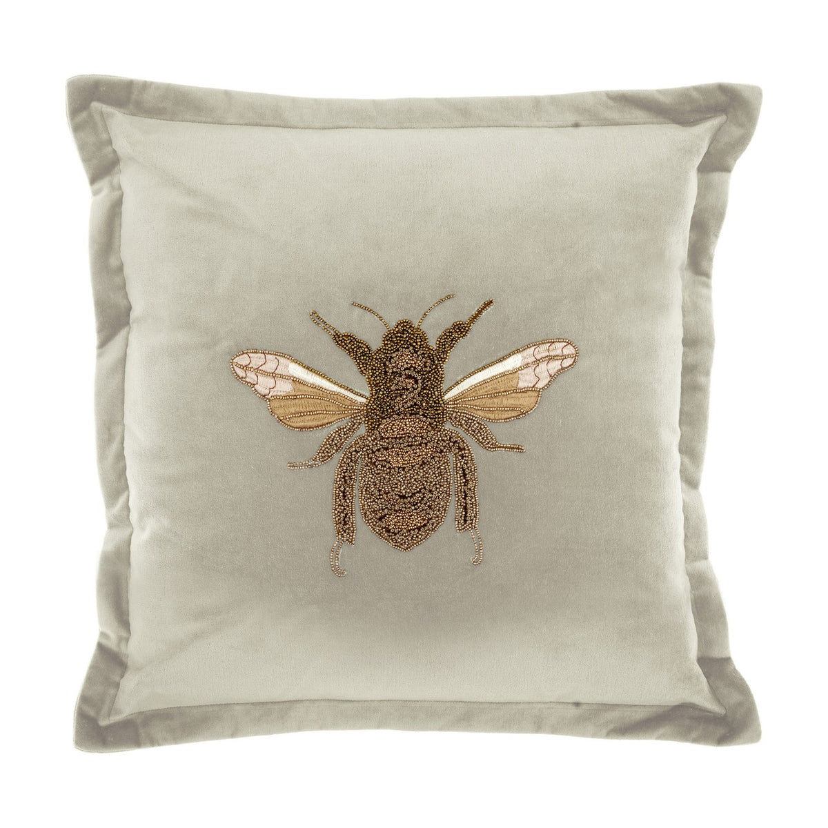 Layla Animal Velvet Cushion in Quartz, a square pale grey velvet cushion with an Oxford flanged border and a beaded gold-and-brown bee embroidered at its centre, shown on a white background.