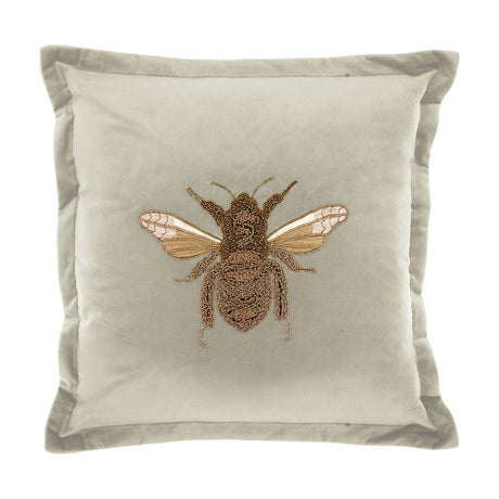 Layla Animal Velvet Cushion in Quartz, a square pale grey velvet cushion with an Oxford flanged border and a beaded gold-and-brown bee embroidered at its centre, shown on a white background.