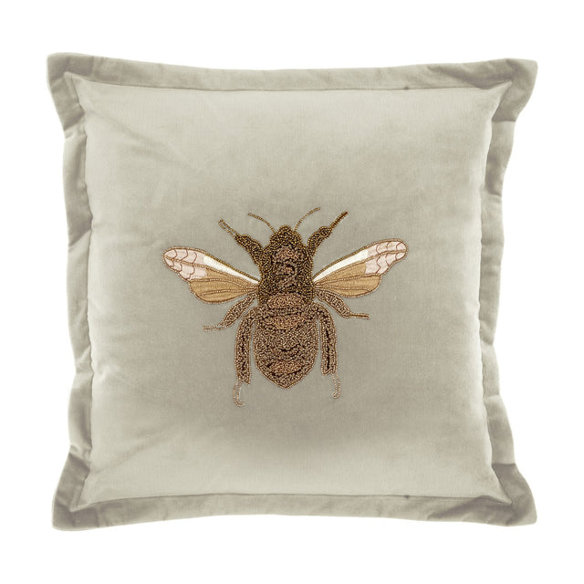 Layla Animal Velvet Cushion in Quartz, a square pale grey velvet cushion with an Oxford flanged border and a beaded gold-and-brown bee embroidered at its centre, shown on a white background.