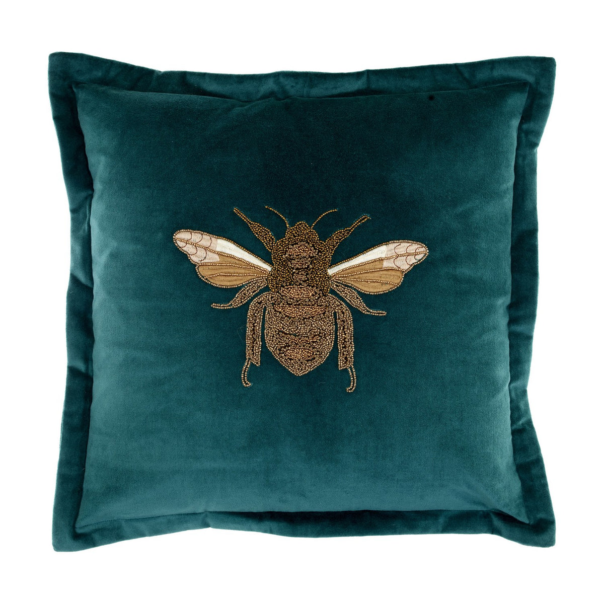 Layla Animal Velvet Cushion in teal, square with flanged edge, featuring a beaded bee motif in amber and gold thread, shown on a plain white background.