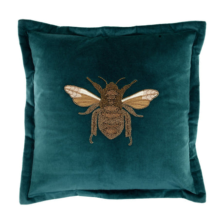Layla Animal Velvet Cushion in teal, square with flanged edge, featuring a beaded bee motif in amber and gold thread, shown on a plain white background.