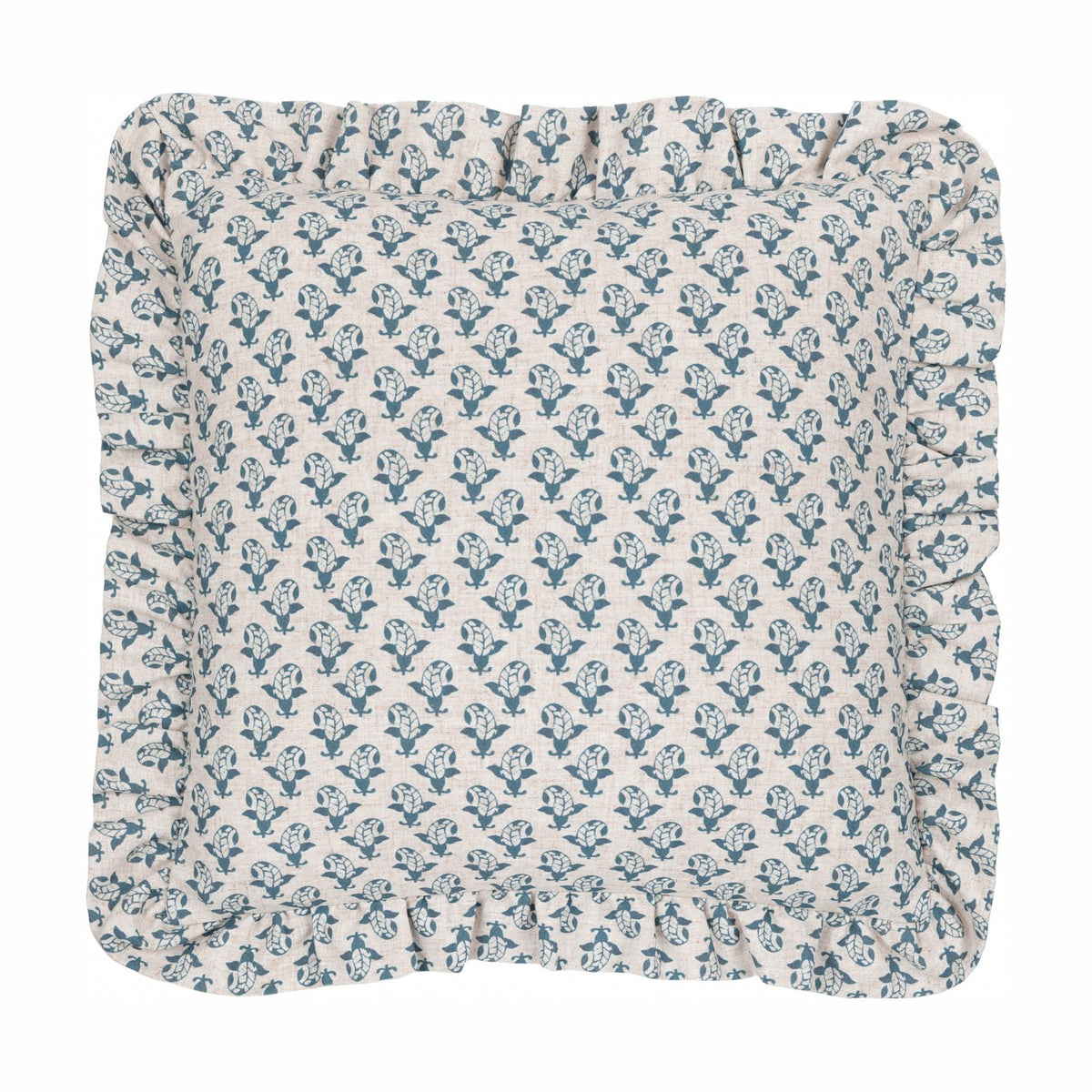 Lulah Block Floral Linen Cushion, a 45 x 45cm square cushion with a blue leaf-and-bud print on natural oatmeal linen fabric, finished with a gathered ruffle edge, on a plain white background.